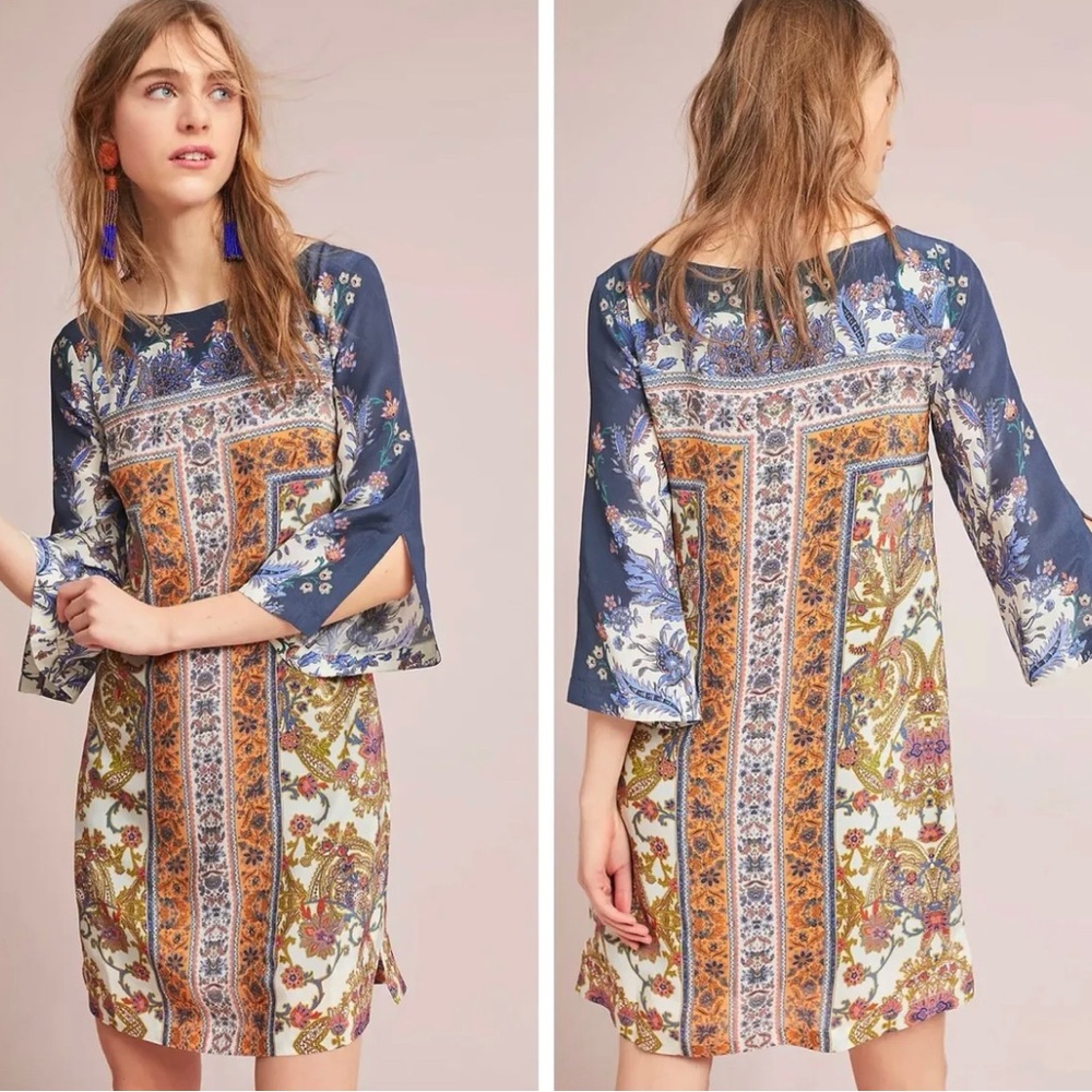Anthropologie Maeve Barcelona Silk Dress Women’s 12 Shift Blue Gold 3/4 Sleeve